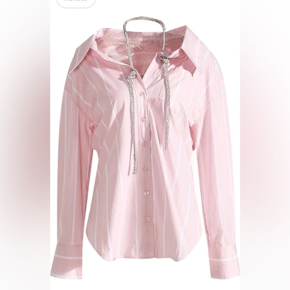 Alexander Wang pink white cotton striped button down shirt blouse rhinestones/ S